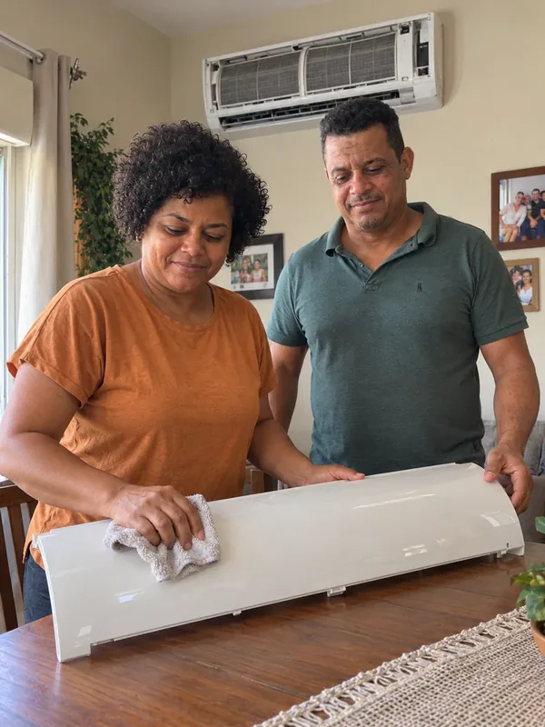 Casal limpando a tampa frontal removível sobre a mesa