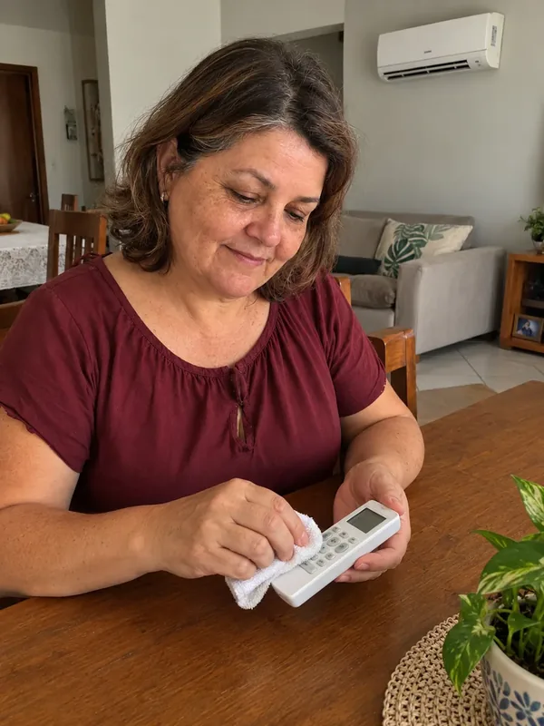 Mulher limpando os botões do controle remoto