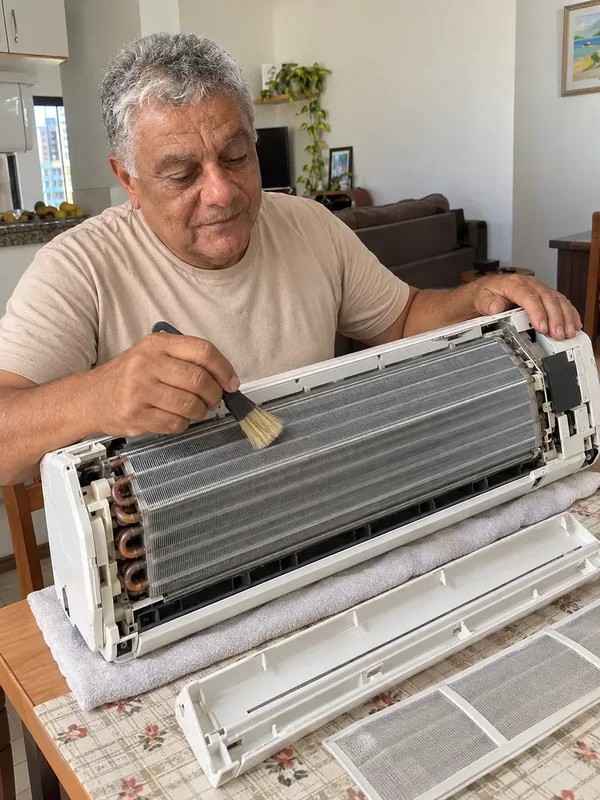 Homem mais velho limpando a serpentina da unidade interna sobre a mesa