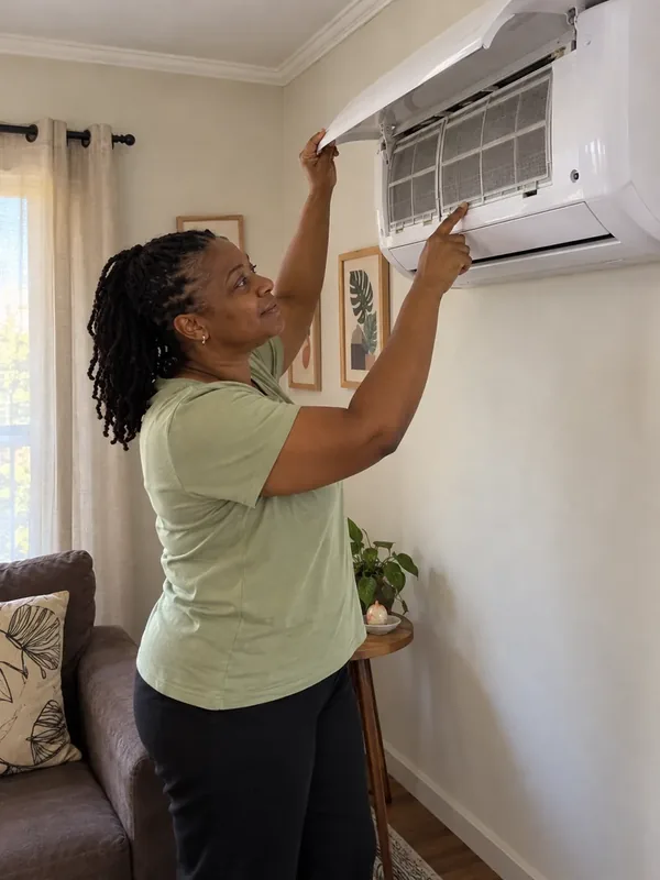 Mulher verificando o compartimento acessível com o painel frontal aberto