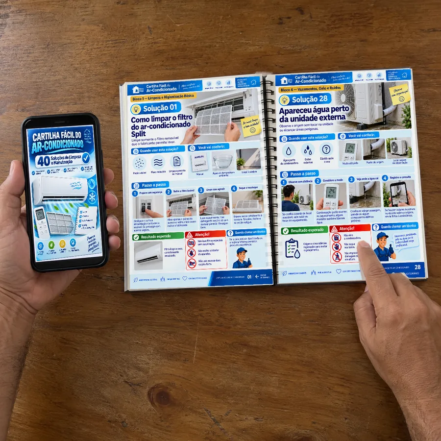 Consulta da cartilha com duas páginas reais e capa no smartphone